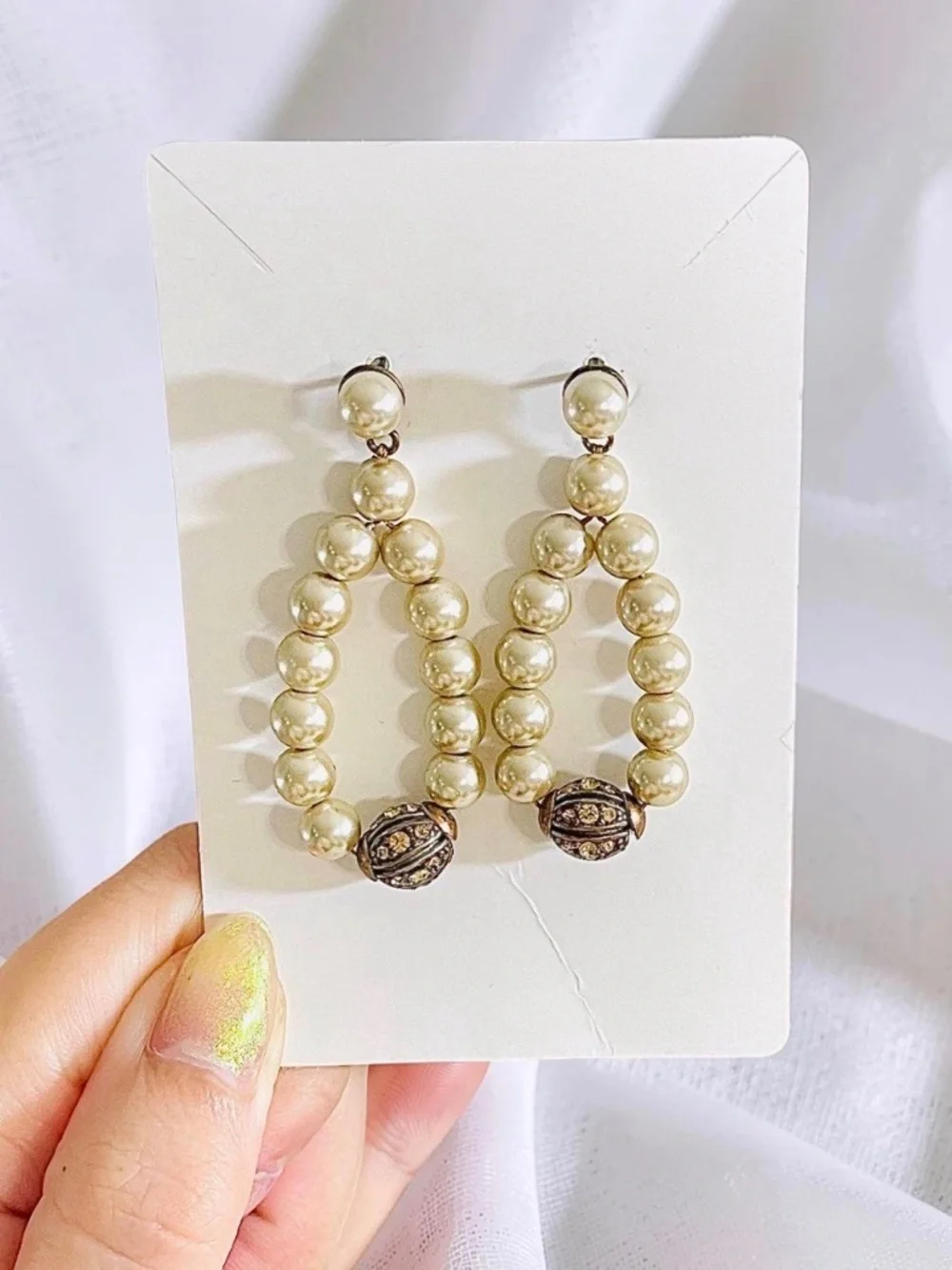 Faux Pearl Teardrop Dangle Earrings Gold Tone Rhinestone